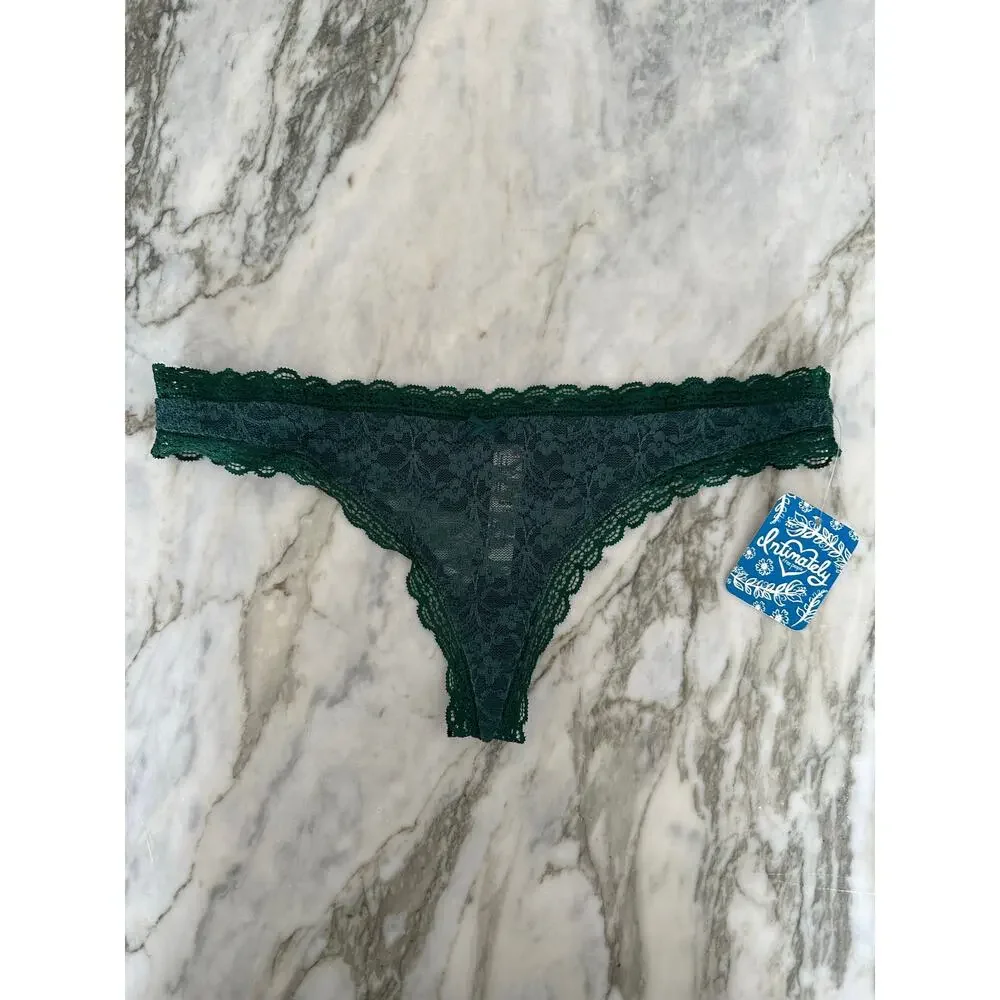 FREE PEOPLE INTIMATELY Dark Emerald Green Floral Lace Bow Thong Underwear XS